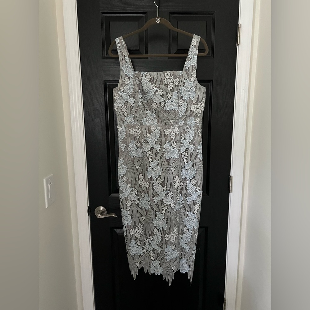 NWOT Just Me | Gray and Light Blue Lace Overlay Dress with Bird Motif
